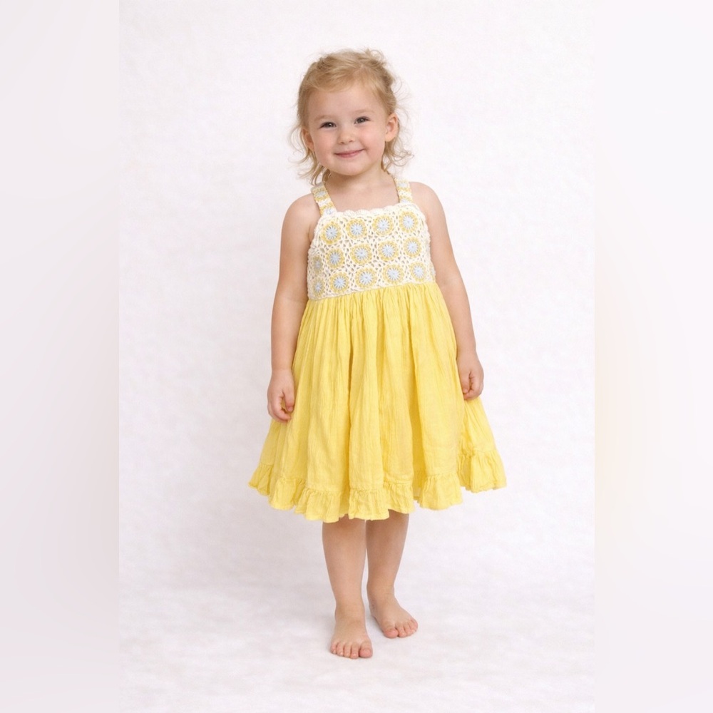 Haute Hippie 70’s Crochet Top Yellow Gauze Sundress, 3T, MSRP $59